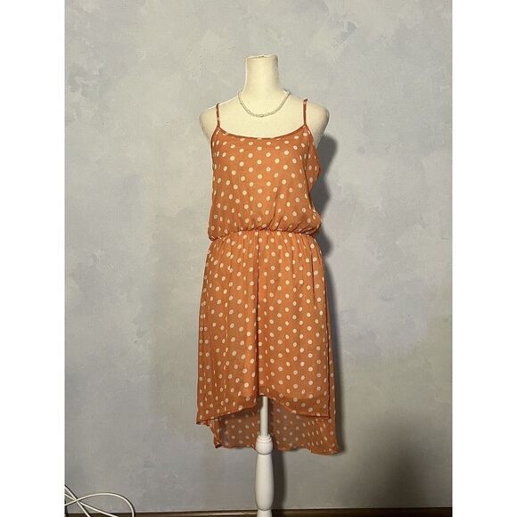 Almost Famous Orange Cream Polka Dot Hi Low Blouson Tank Midi Dress Juniors - Picture 2 of 10